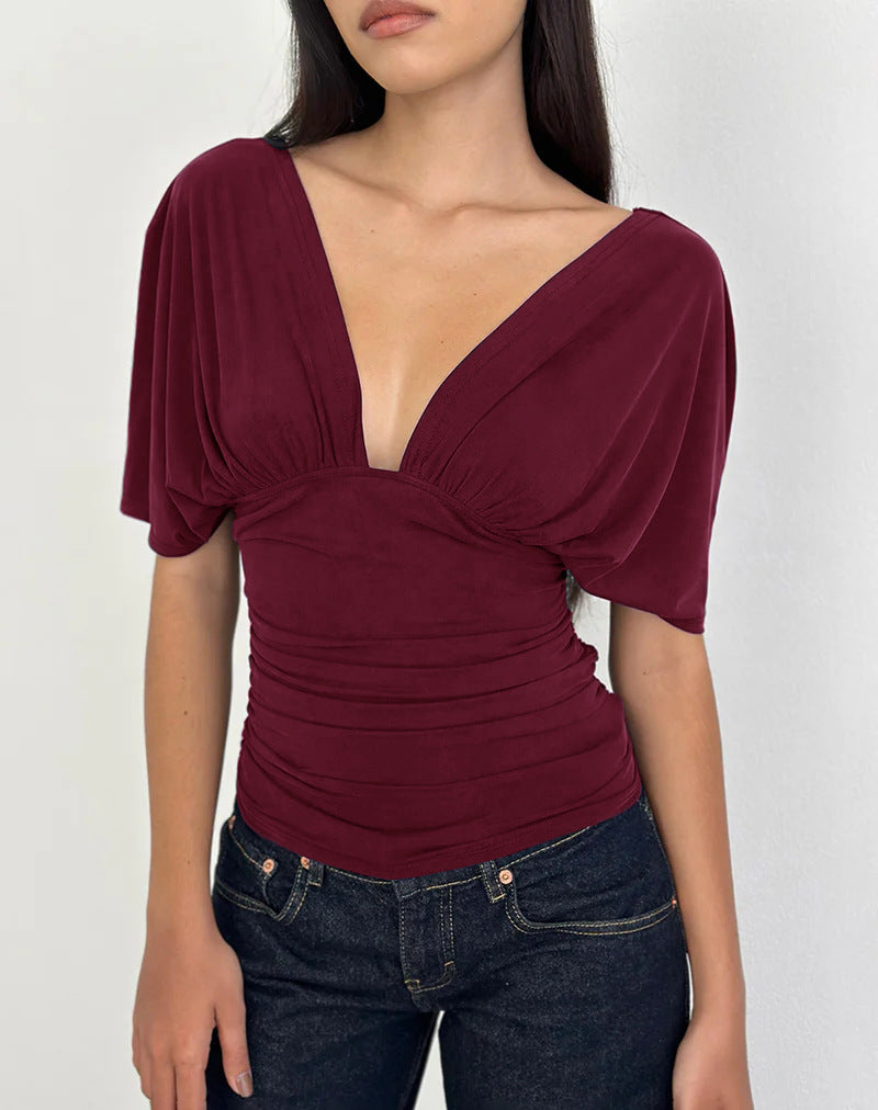 Damen Elegantes Oberteil mit tiefem V-Ausschnitt und lässigem Drapierungsdesign Drune