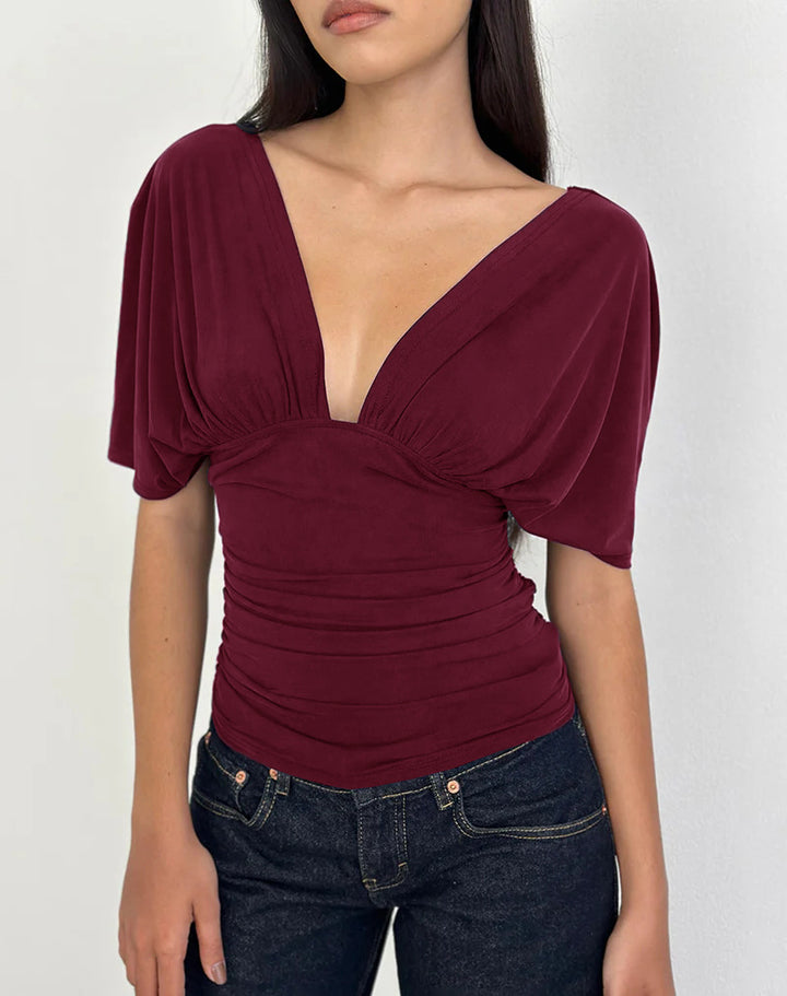 Damen Elegantes Oberteil mit tiefem V-Ausschnitt und lässigem Drapierungsdesign Drune