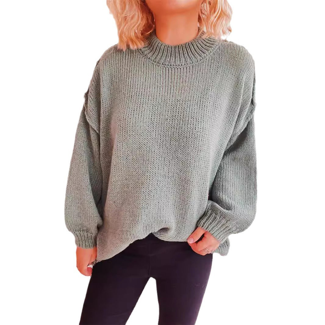 Damen lässiger Grobstrickpullover mit hohem Kragen und weitem Schnitt Drune