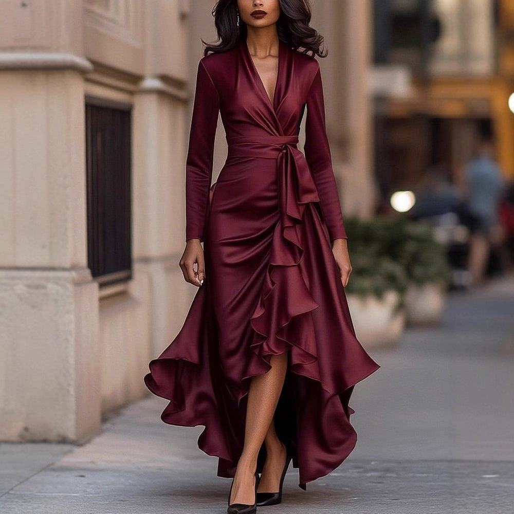 Damen Elegantes Wickelkleid mit Rüschen und hochgestaffeltem Saum Drune