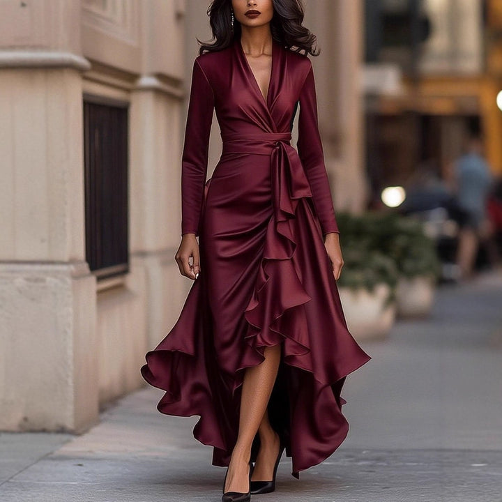 Damen Elegantes Wickelkleid mit Rüschen und hochgestaffeltem Saum Drune