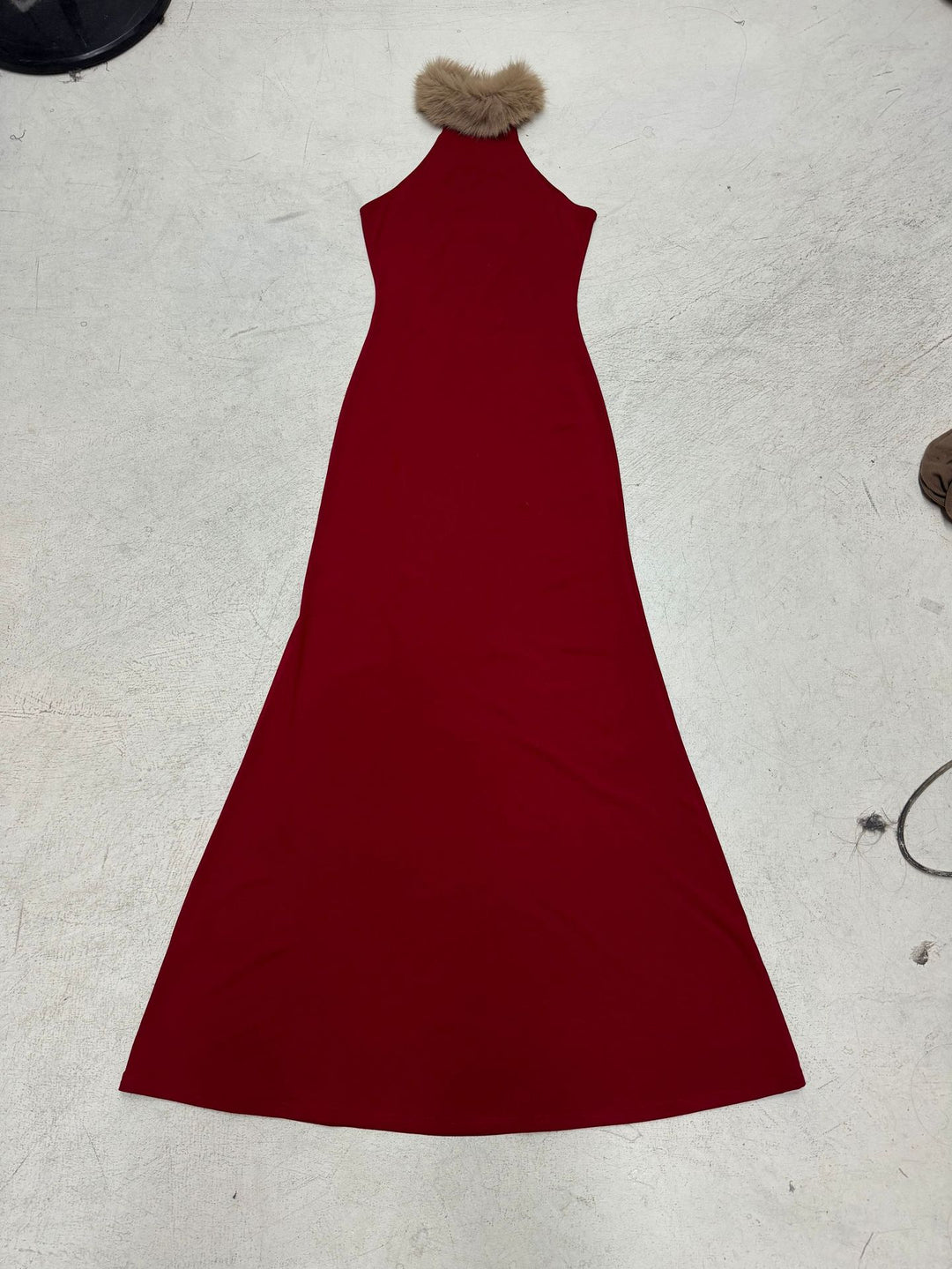 Damen Elegantes Maxikleid mit luxuriösem Kunstpelzkragen Drune