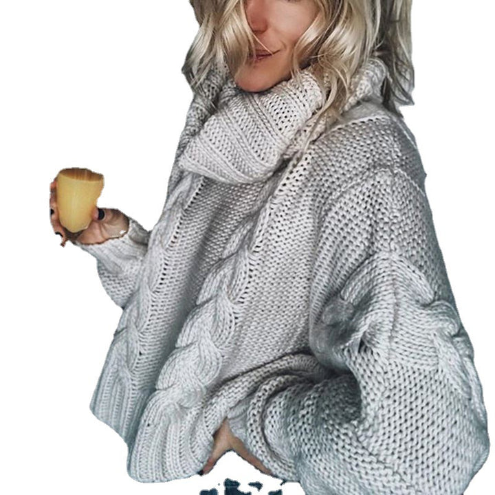 Damen Grobstrickpullover mit hohem Kragen und femininen Zopfmuster Drune