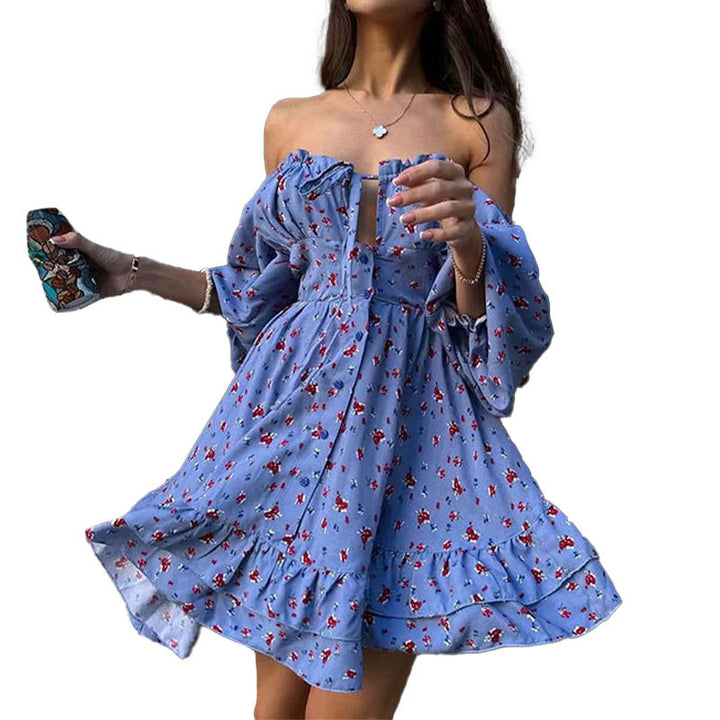 Damen Minikleid mit schulterfreiem Design und rüschengeschichtetem Saum Drune