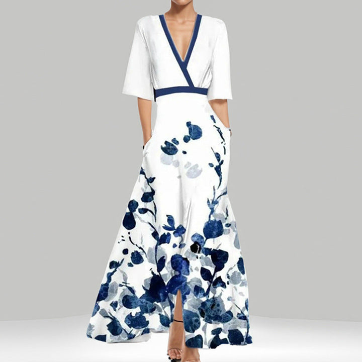 Drune | Elegantes V-Ausschnitt bedrucktes Taillenkleid mit Schößchen