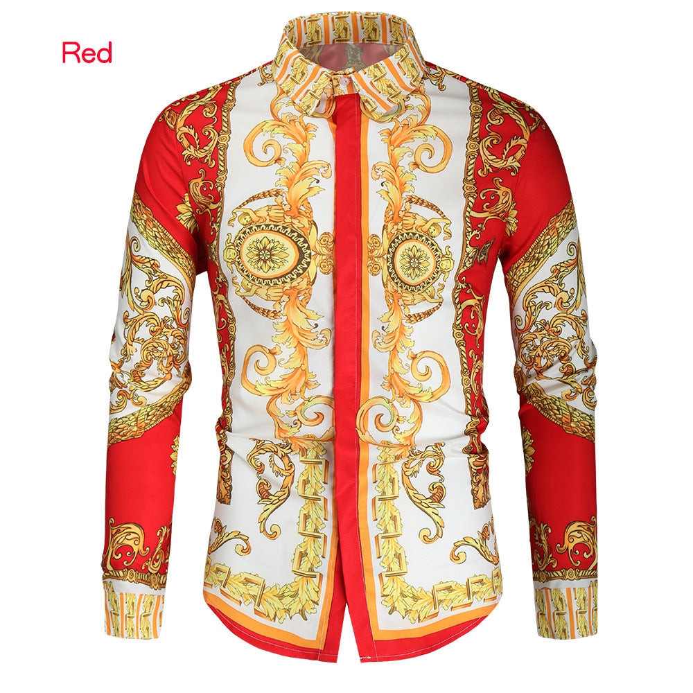 Herren nan barockes Langarm-Hemd mit ornamentalem Druck, Kentkragen und tailliertem Schnitt Drune