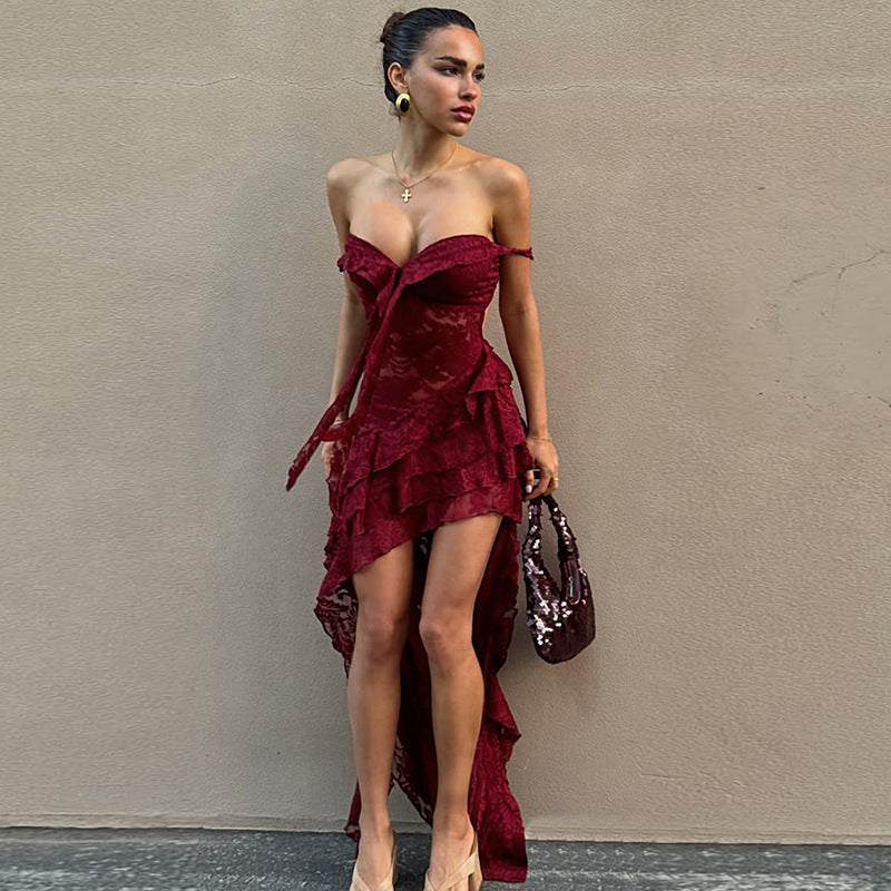 Damen asymmetrisches Spitzenkleid mit Rüschendetails Drune