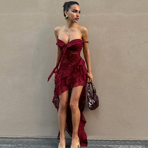 Damen asymmetrisches Spitzenkleid mit Rüschendetails Drune