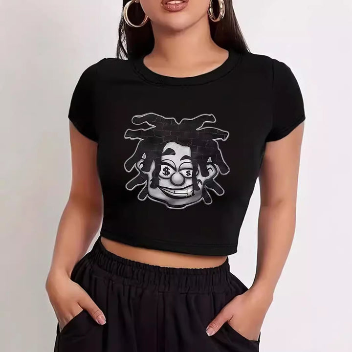 Damen Crop-T-Shirt mit kreativem Comic-Motiv Drune