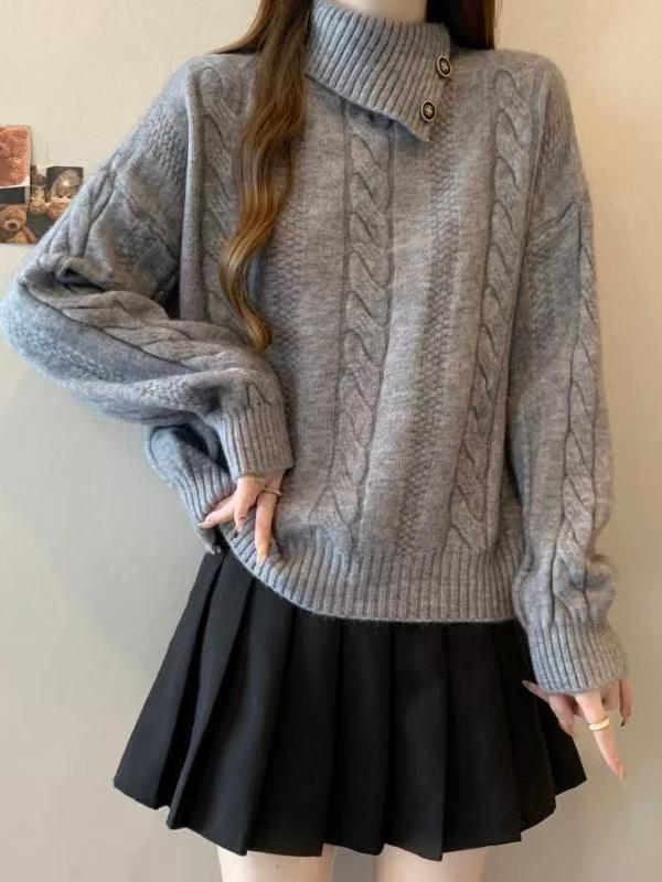 Damen Grobstrickpullover mit hochgeschlossenem Kragen und Knopfdetails Drune