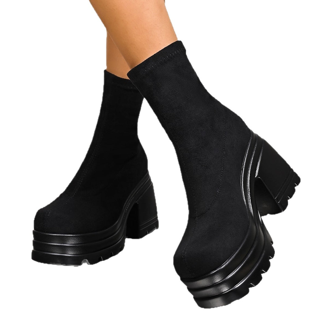Damen Plateau Stiefeletten mit robuster Gummisohle und elastischem Schaft Drune