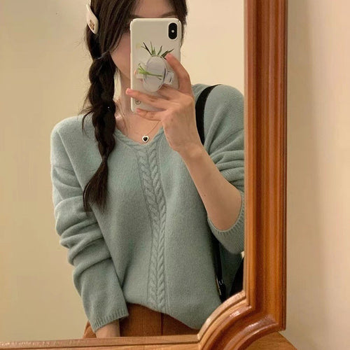 Damen Eleganter V-Ausschnitt Pullover mit feinem Zopfmuster Drune