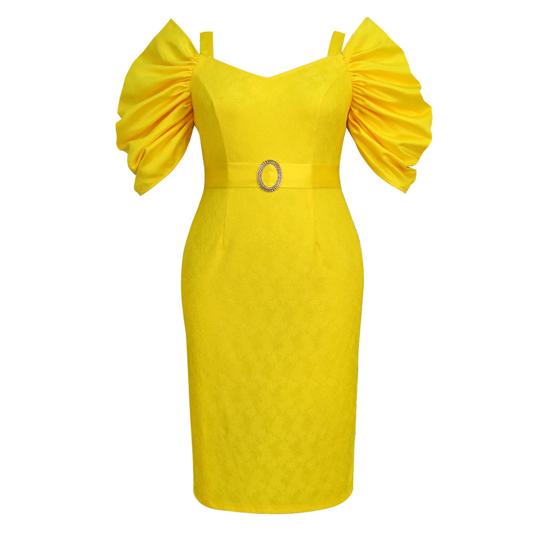 Damen figurbetontes Kleid mit voluminösen Puffärmeln und glitzerndem Gürtel Drune