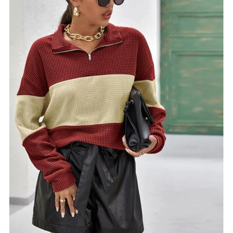 Damen Pullover mit Reißverschluss und Blockstreifen Drune