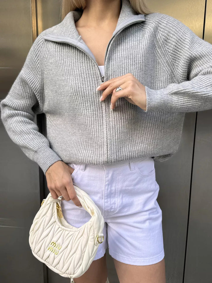 Damen Pullover mit hochschließendem Reißverschluss und strukturiertem Maschenmuster Drune
