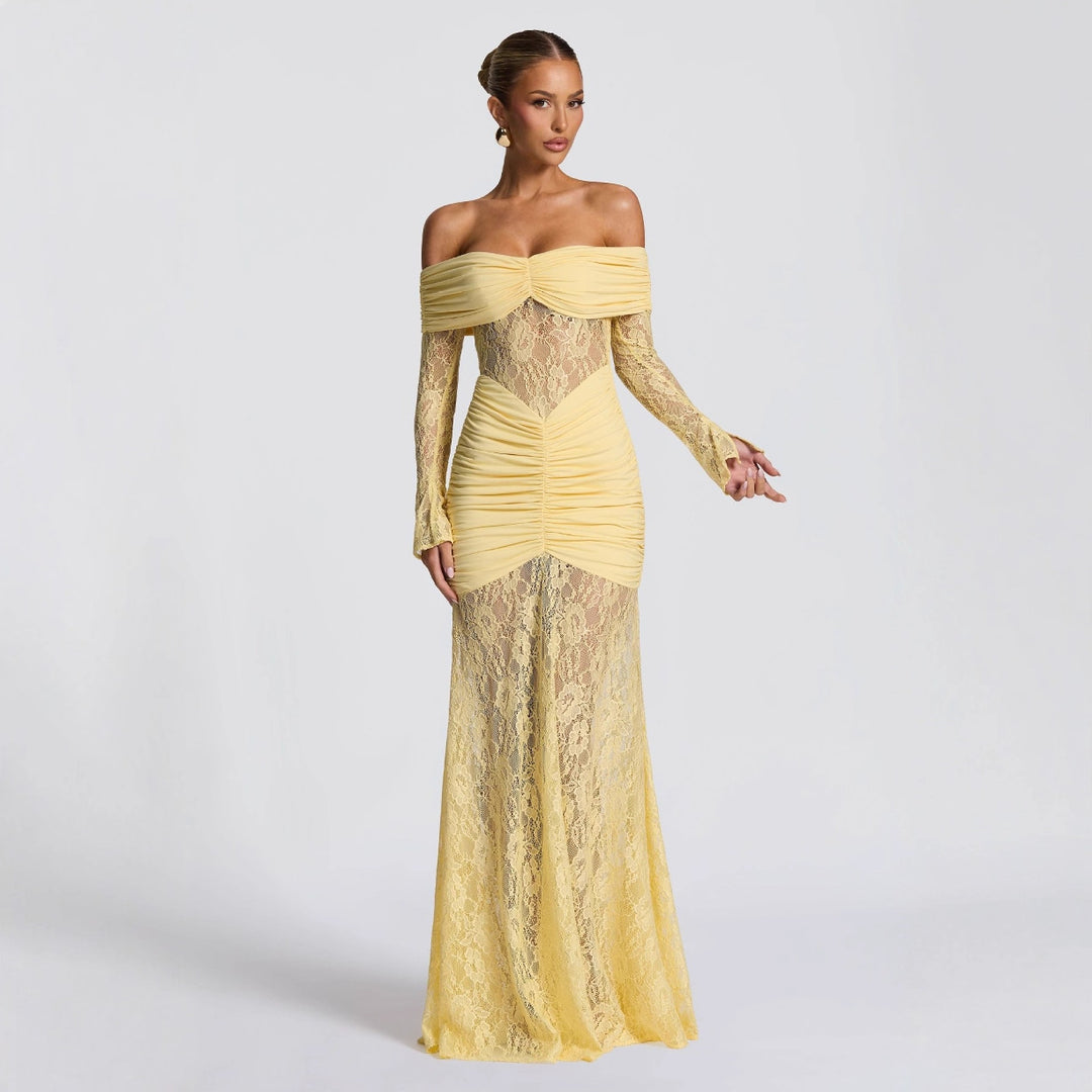Damen elegantes Spitzenkleid mit Off-Shoulder-Ausschnitt und Raffungen Drune
