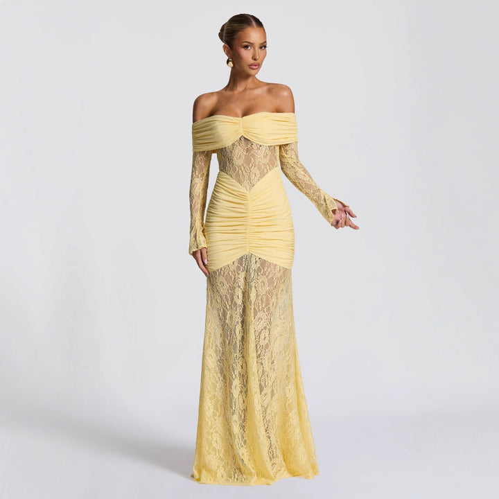 Damen elegantes Spitzenkleid mit Off-Shoulder-Ausschnitt und Raffungen Drune