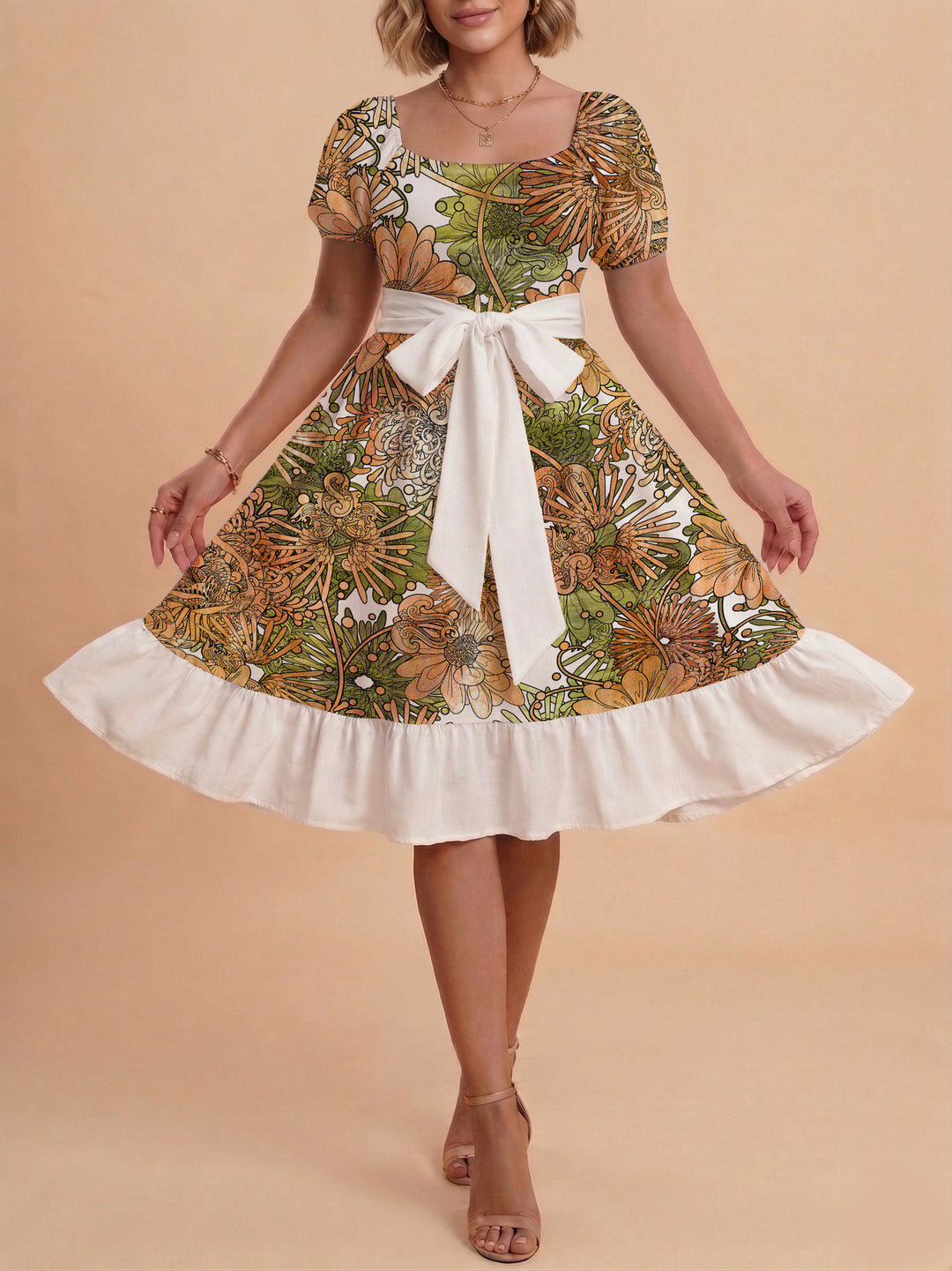 Damen modernes Blumenkleid mit elegantem Taillengürtel und asymmetrischem Saum Drune