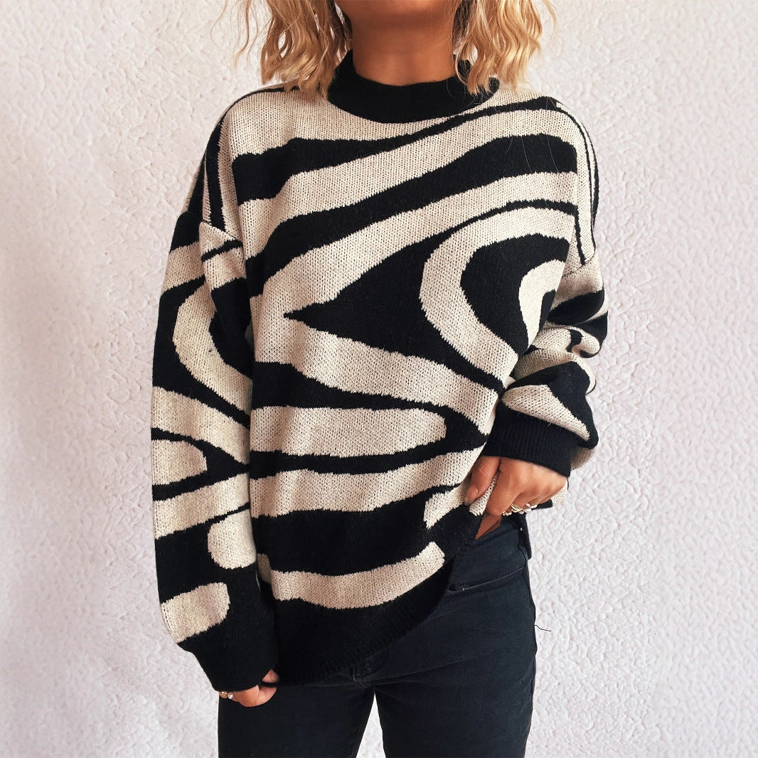 Damen kuscheliger Oversized-Pullover mit trendigem Zebra-Muster Drune