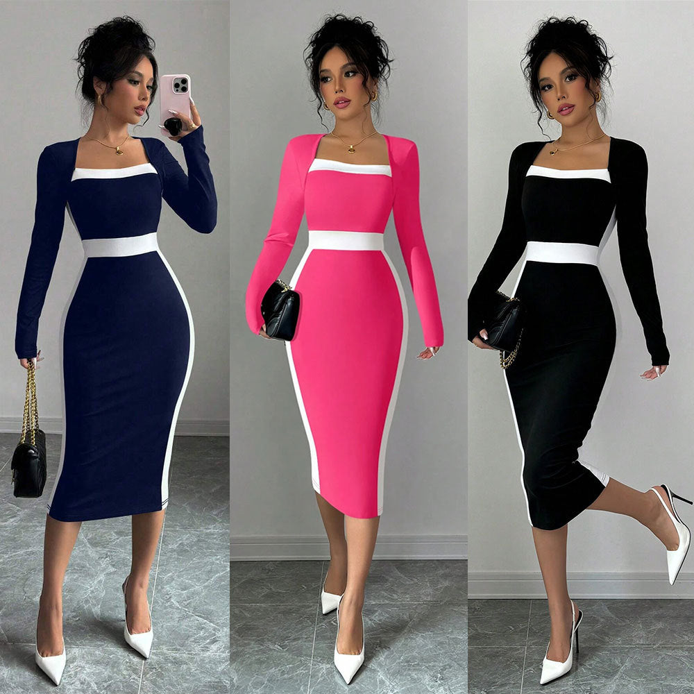 Damen figurbetontes Midi-Kleid mit quadratischem Ausschnitt und kontrastierenden Akzenten Drune