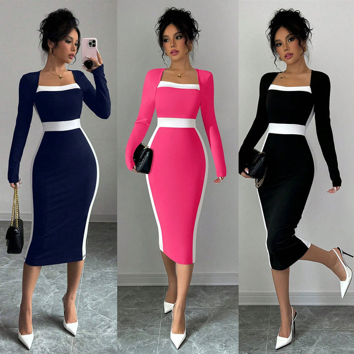 Damen figurbetontes Midi-Kleid mit quadratischem Ausschnitt und kontrastierenden Akzenten Drune