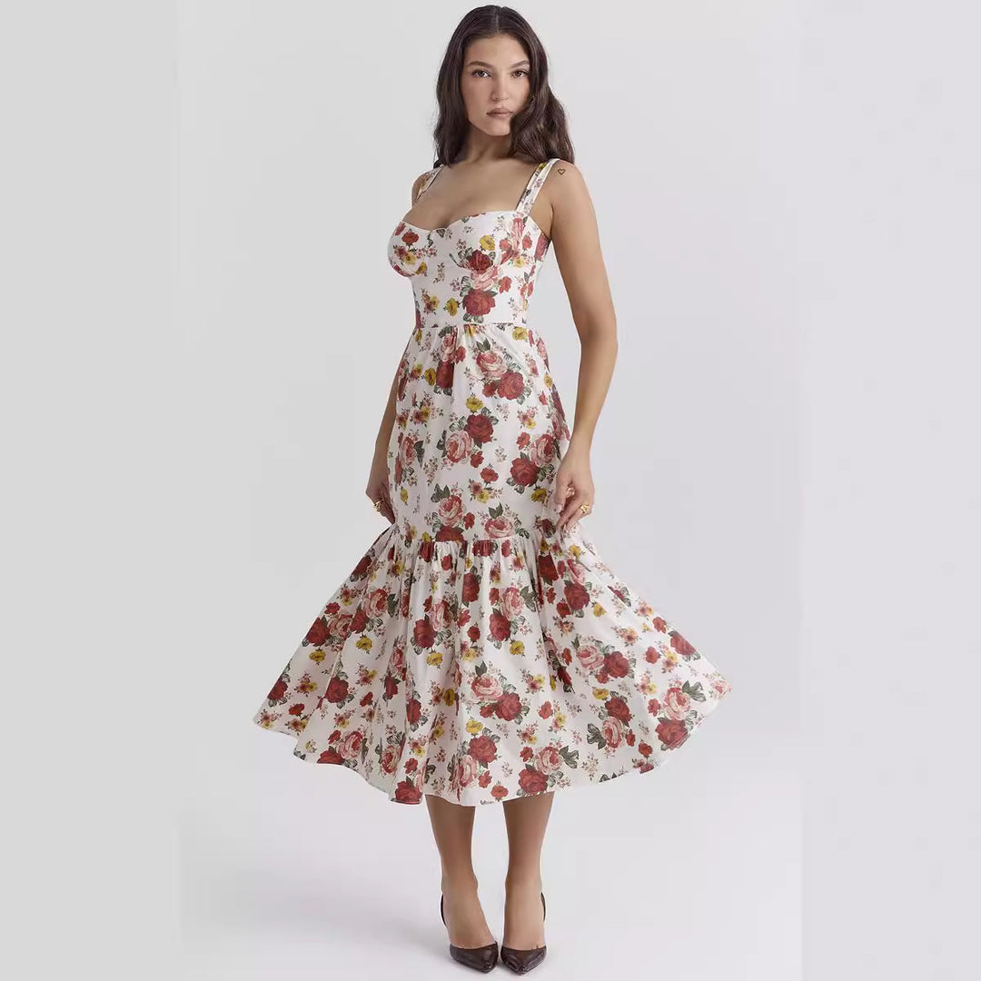 Damen Maxi-Kleid mit floralem Design und seitlichen Taschen Drune
