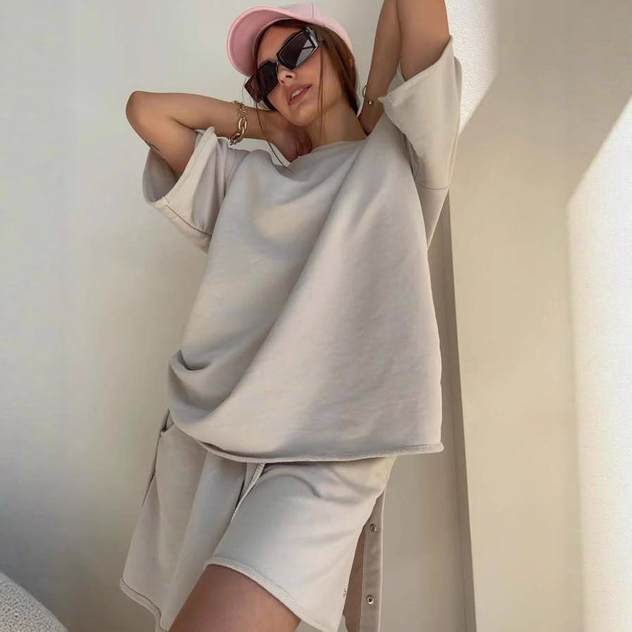 Damen lässiges Oberteil und Shorts-Set mit Knopfdetails Drune