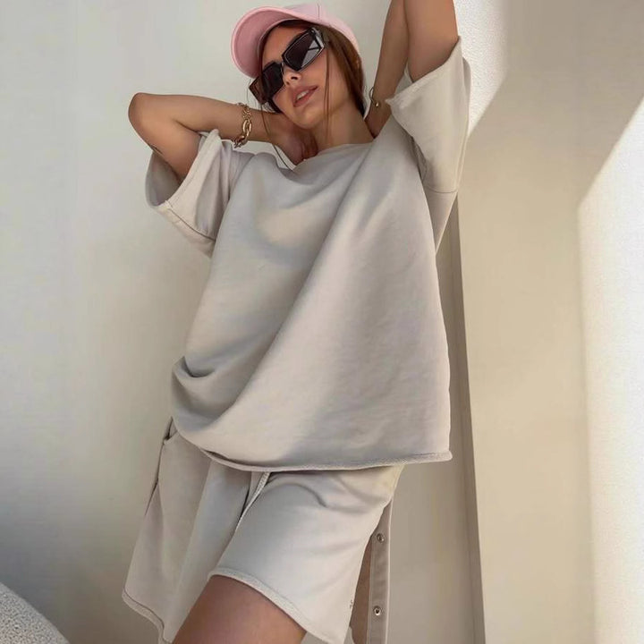 Damen lässiges Oberteil und Shorts-Set mit Knopfdetails Drune