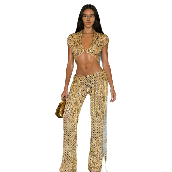 Damen Modisches Set mit netzartigem Oberteil und weitem Hose Drune