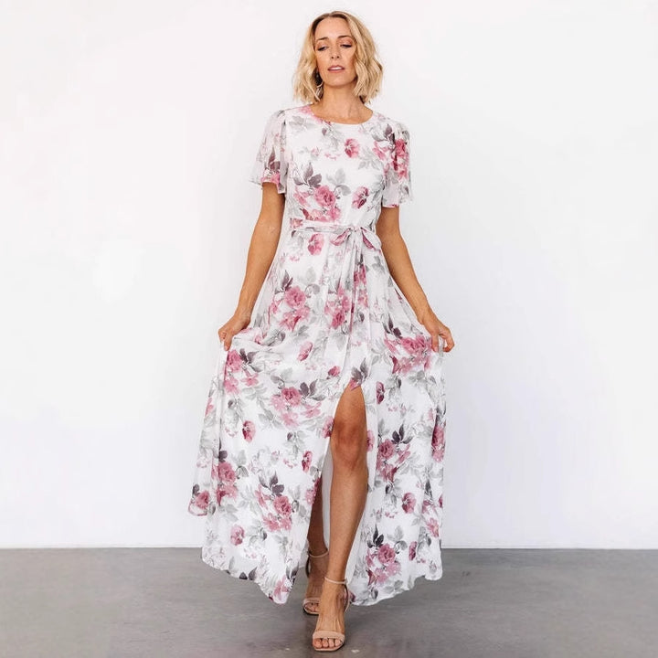Damen florales Maxikleid mit tiefem Schlitz und Taillengürtel Drune