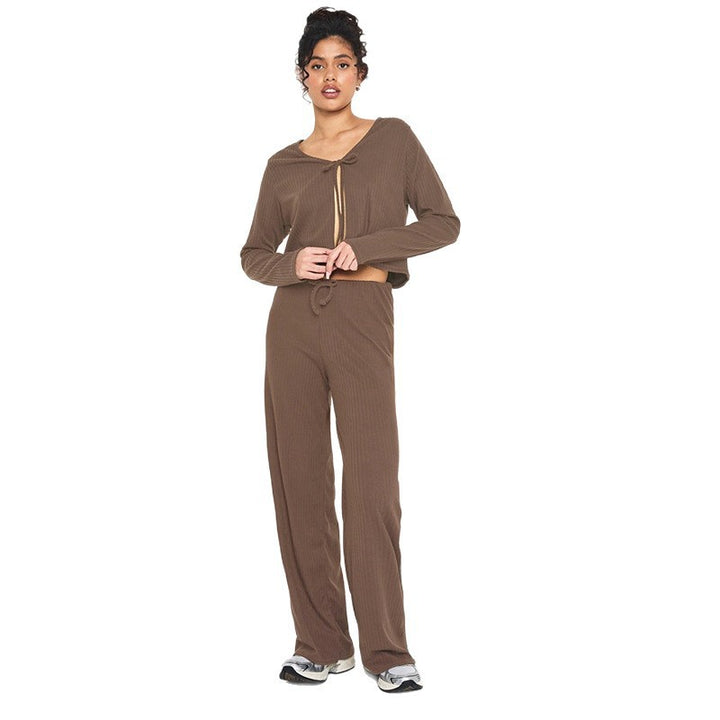 Damen bequemer Strickanzug mit cropped Jacke und weitem Hosenbein Drune