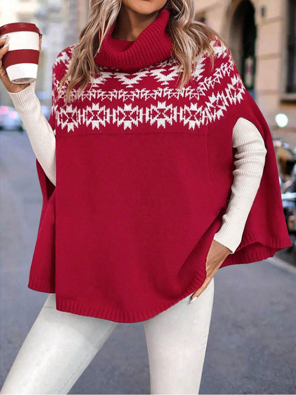 Damen Kapuzen-Strick-Cape mit festlichem Muster und hohem Kragen Drune