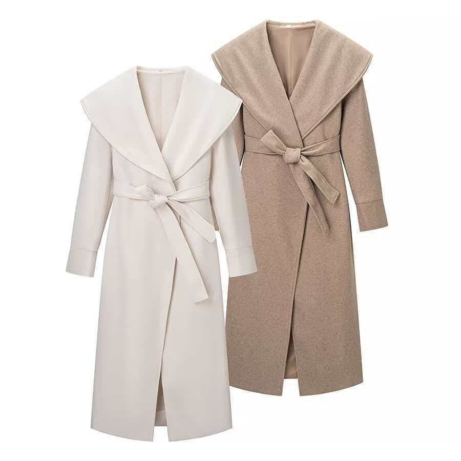 Damen eleganter Mantel mit breitem Revers und Taillengürtel Drune