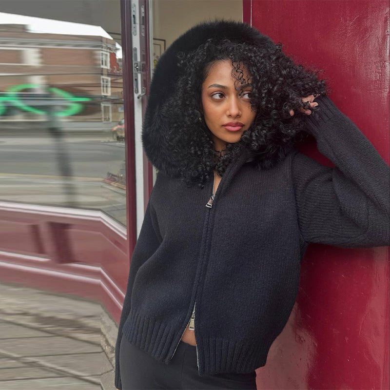 Damen Kuschelige Strickjacke mit Fellkragen Drune