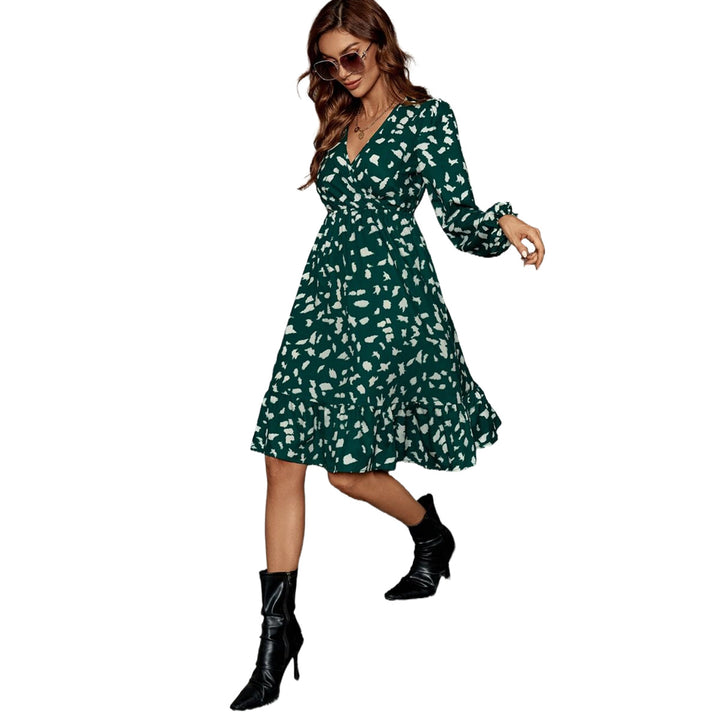 Damen elegantes Midikleid mit V-Ausschnitt und voluminösen Ärmeln Drune