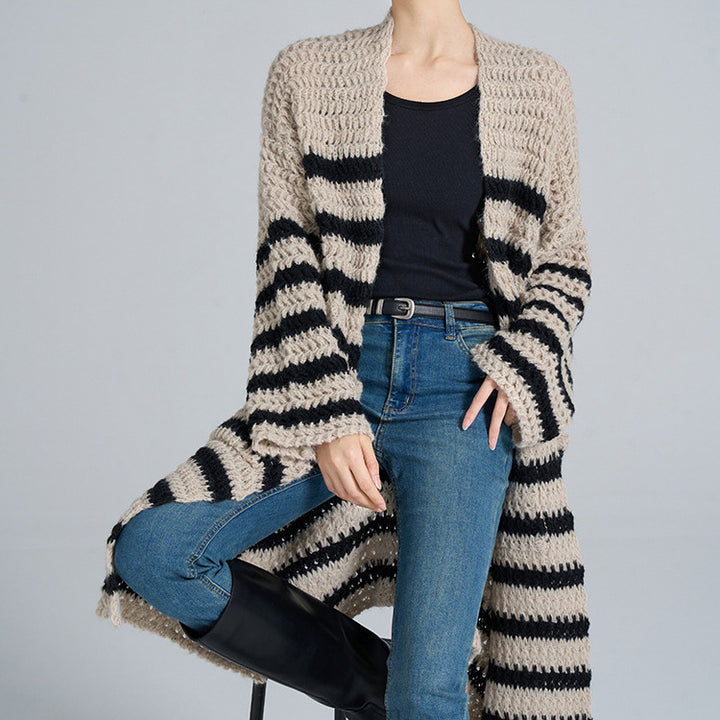 Damen lässige Strickjacke mit breiten Streifen und Taschen Drune