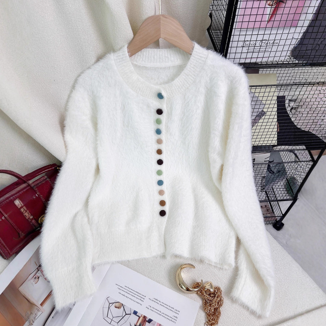 Damen flauschige Strickjacke mit bunten Knöpfen und weit geschnittenem Design Drune