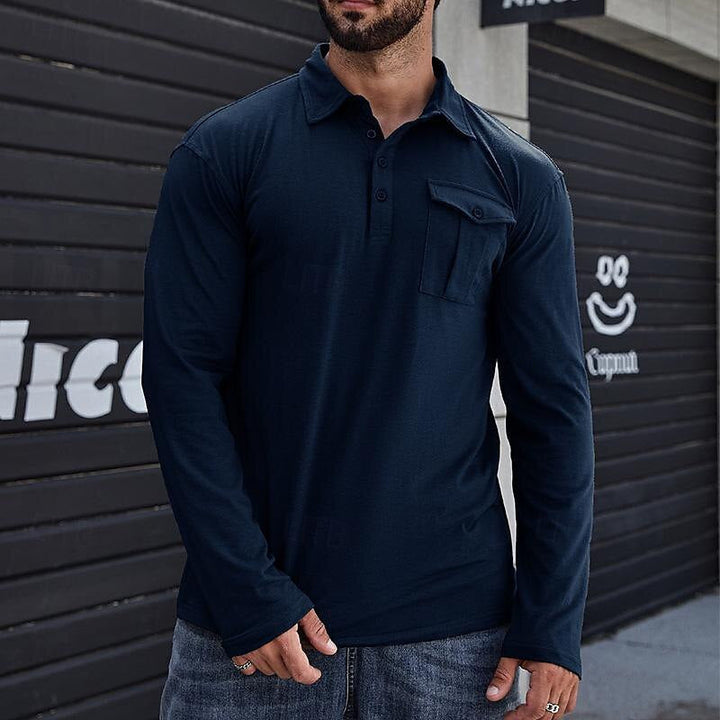 Drune | Henley Pique Shirt Lange Ärmel Moderner Kragen Brusttasche Normale Passform