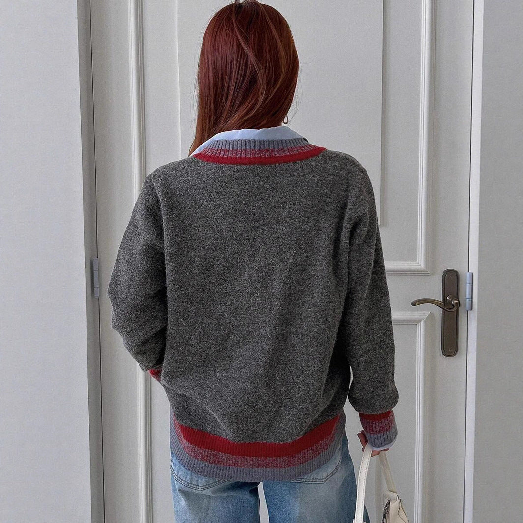 Damen modische Strickjacke mit kontrastierenden Absetzungen und klassischen Knopfdetails Drune