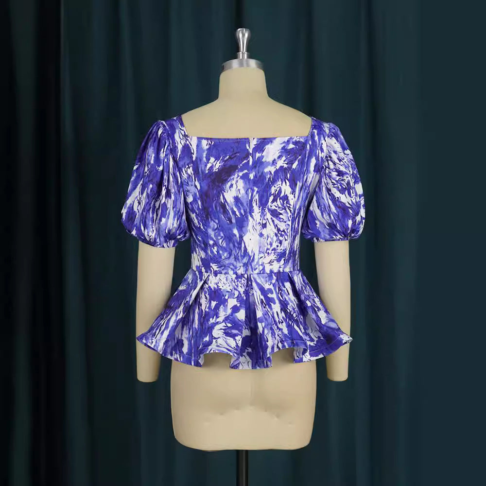 Damen Elegante Peplum Bluse mit Puffärmeln Drune