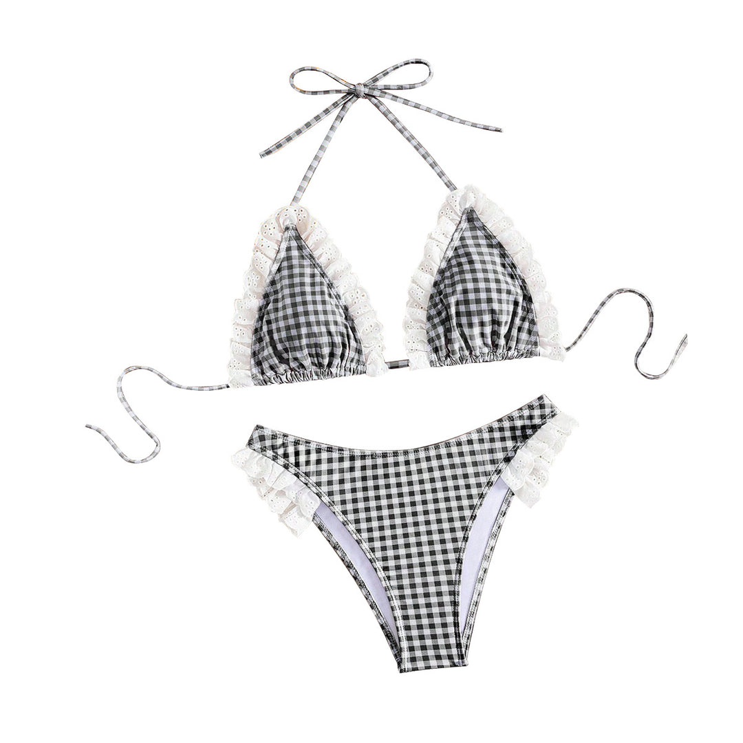 Damen Triangel-Bikini mit Rüschendetails und kariertem Design Drune
