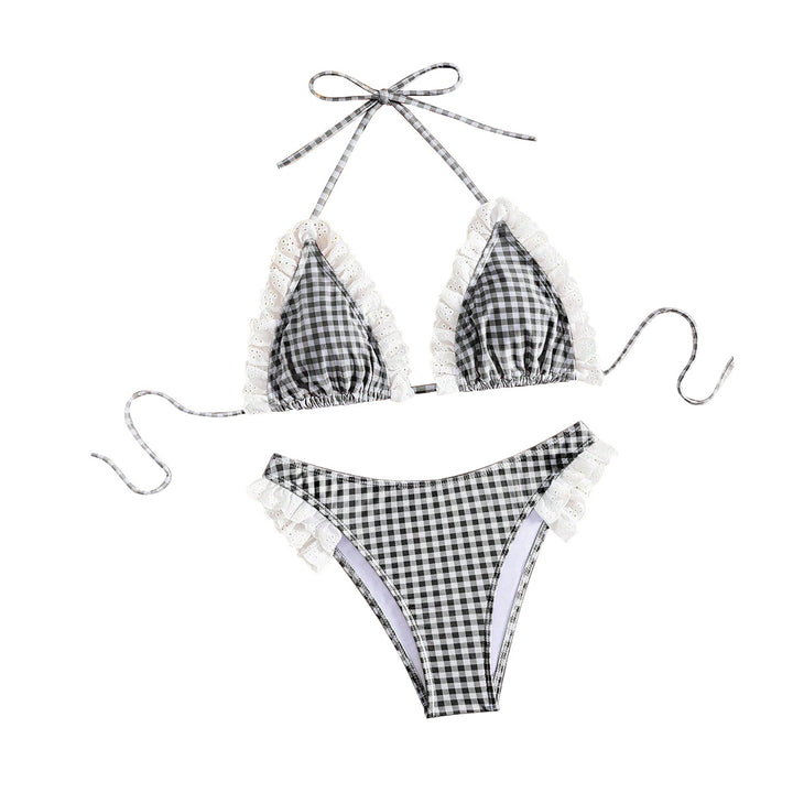 Damen Triangel-Bikini mit Rüschendetails und kariertem Design Drune