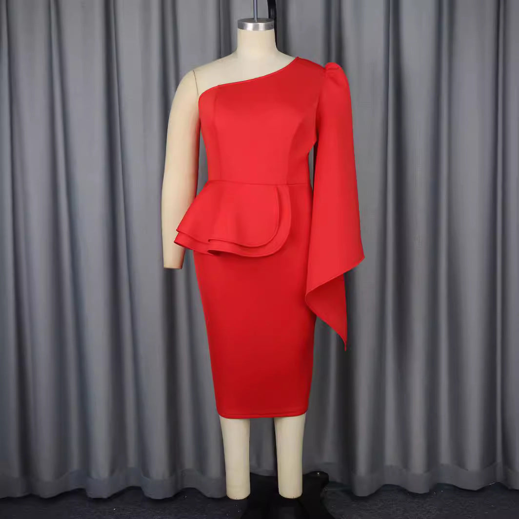 Damen figurbetontes Cocktailkleid mit asymmetrischem Rüschenvolant Drune