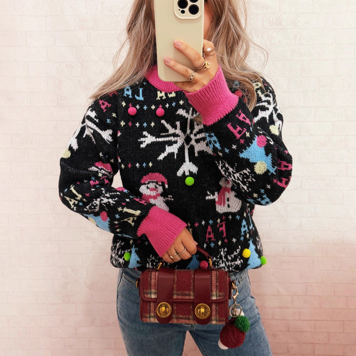Damen festlicher Pullover mit farbenfrohen Weihnachtsmotiven und verspielten Details Drune