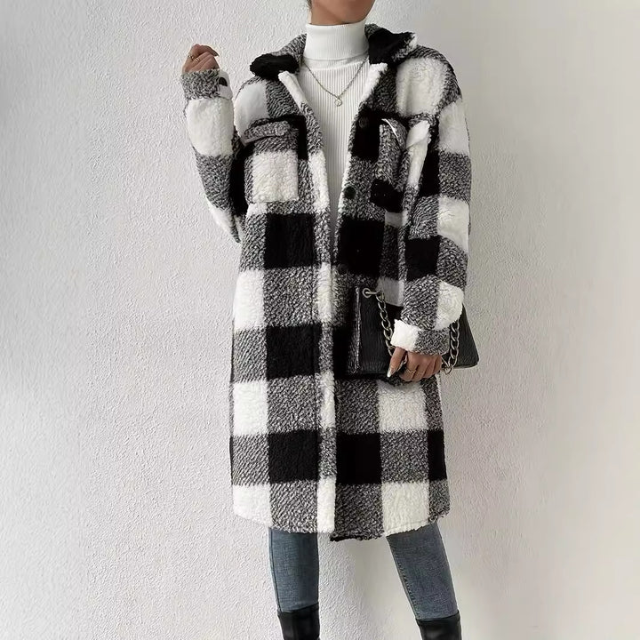 Damen Teddy-Pulloverjacke mit kariertem Muster und praktischen Taschen Drune