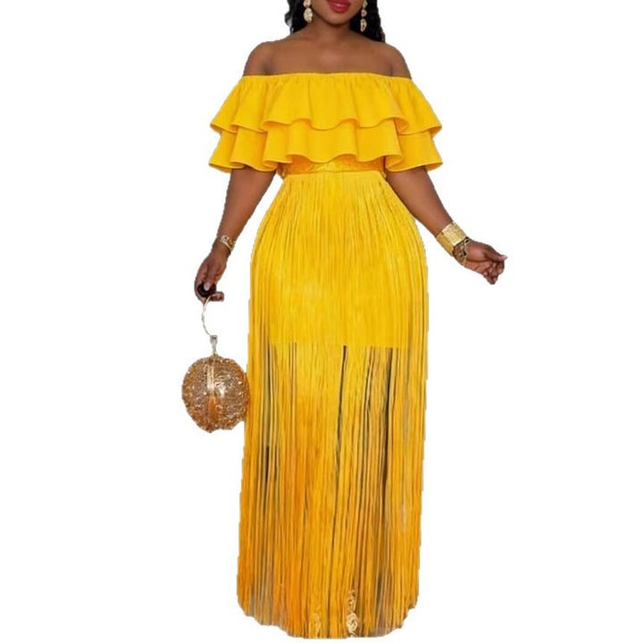 Damen Elegantes Off-Shoulder Kleid mit voluminösem Rüschensaum und fransigem Design Drune