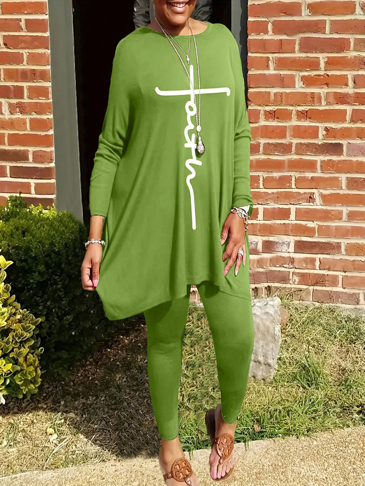 Damen Leggings- und Tunika-Set mit asymmetrischem Schnitt und motivierenden Prints Drune