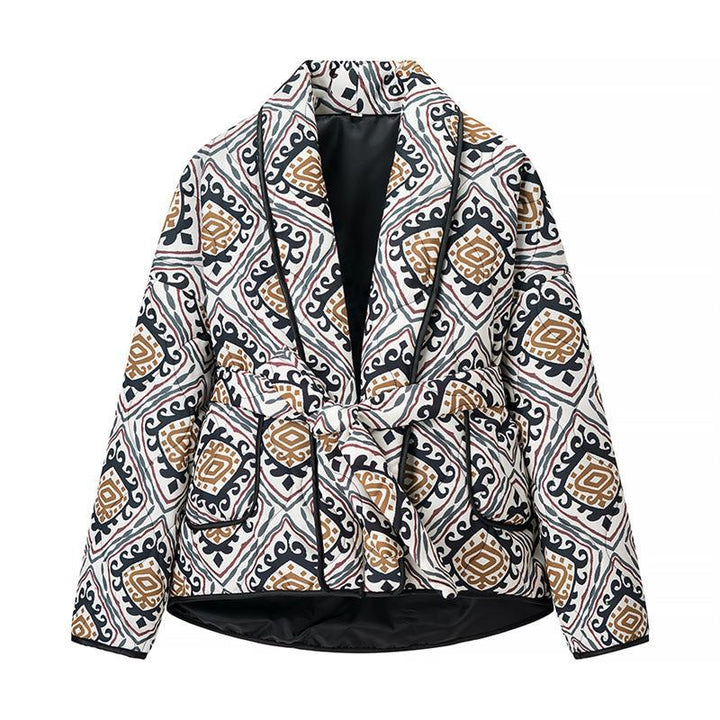 Damen modische Blazerjacke mit Bindegürtel und kunstvollem Muster Drune
