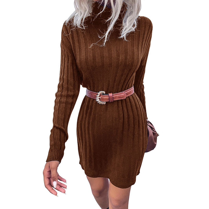 Damen Oversized Strickkleid mit hohem Kragen und feinem Längsdesign Drune