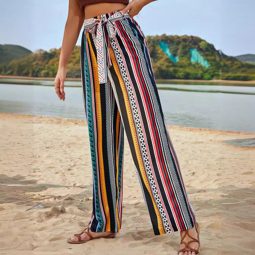 Damen weite Sommerhose mit vielseitigem Gürtel und auffälligem Muster Drune